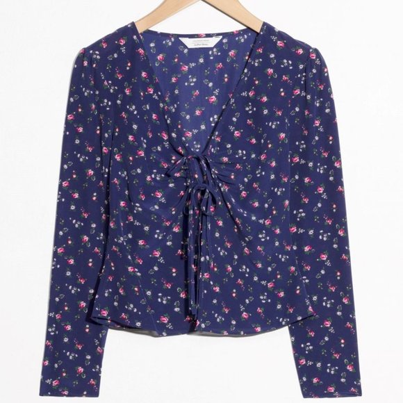 & Other Stories Tie Up Silk Blouse in Blue Floral (M; size 8 - runs small) - Picture 2 of 5